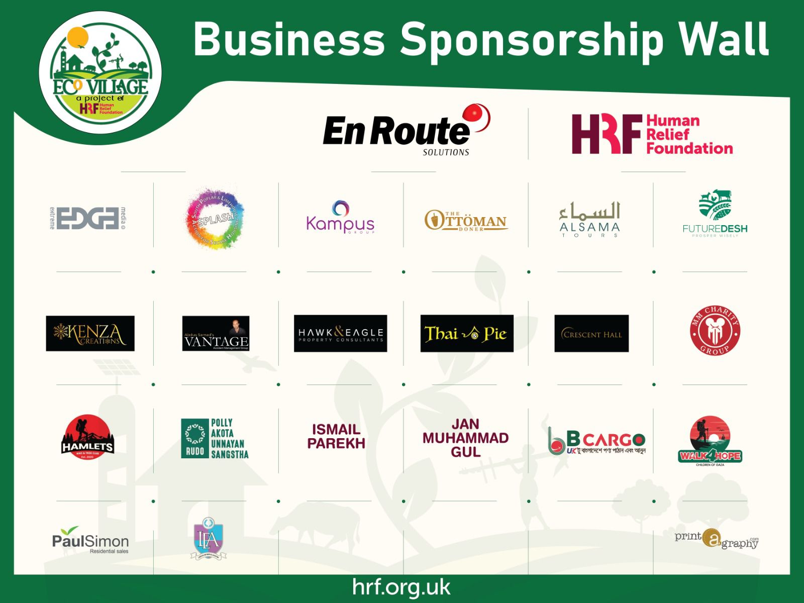 Human Relief Foundation Eco Village business sponsorship wall with En Route Solutions as a lead sponsor