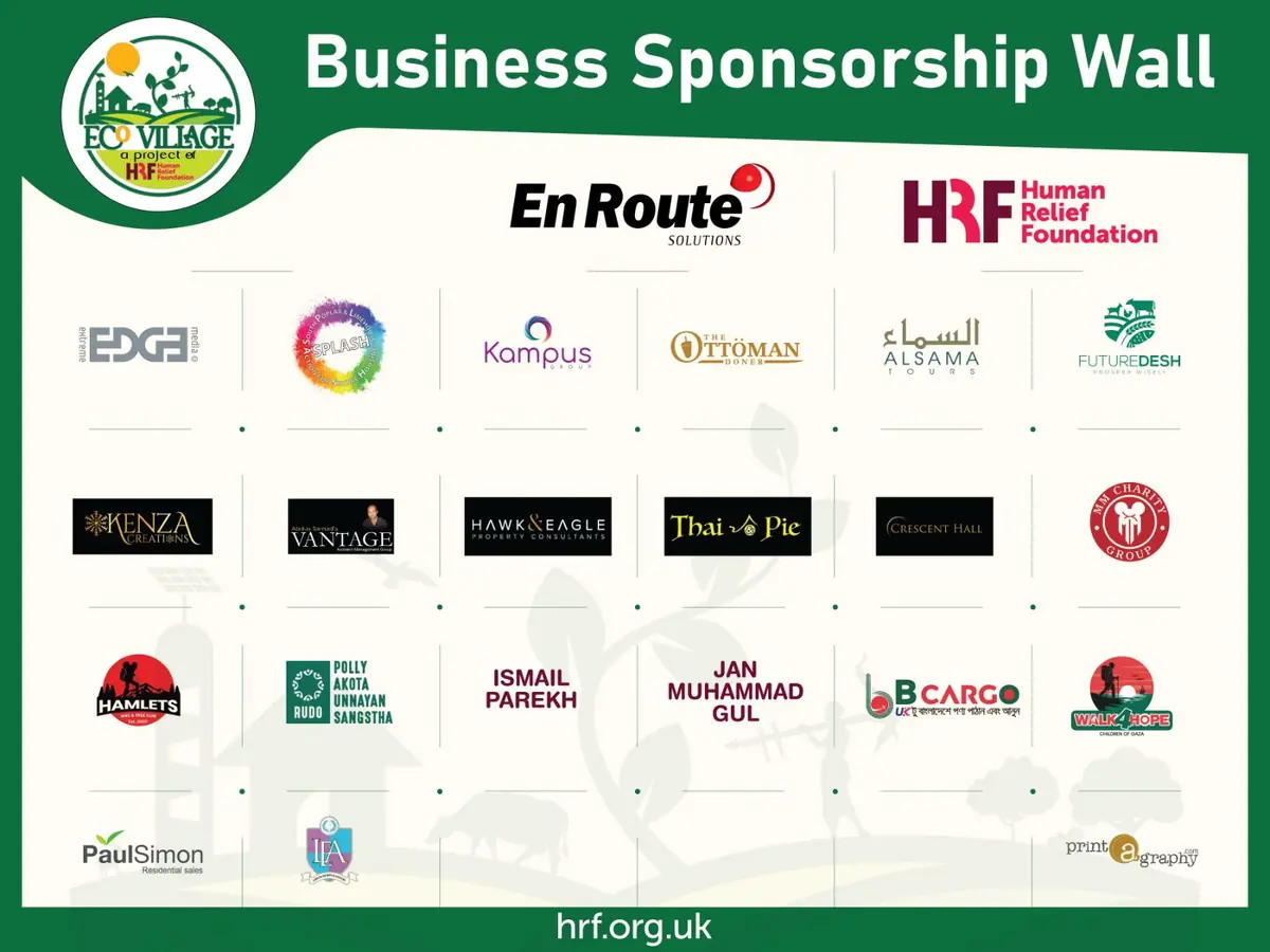 Human Relief Foundation Eco Village business sponsorship wall with En Route Solutions as a lead sponsor